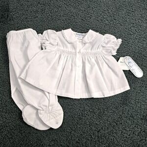 Rosey Kids Vintage White Smocked Floral Embroidered Footed‎ Pant Set 3-6 Mos NWT